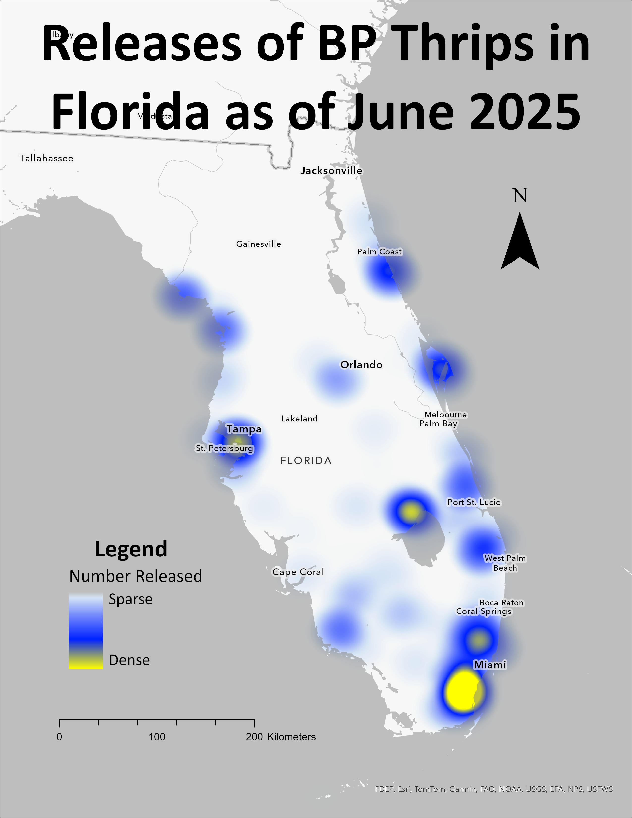 Florida state map showing thrip releases by location